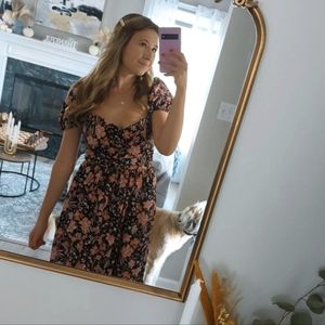 Land of The Free Black Floral Puff Sleeve Midi Dress | Color: Black/Pink | m